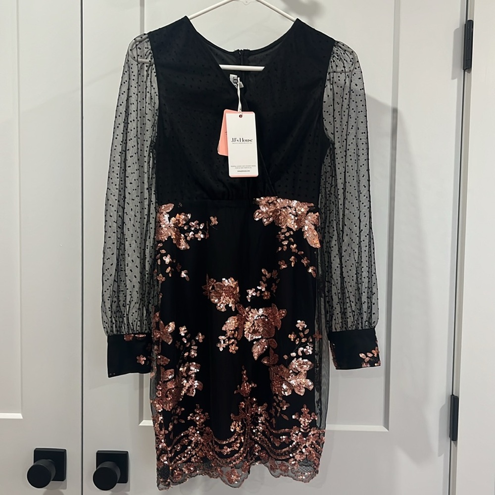 JJs House Black and Copper Gold Tulle Sequin Mini Dress, Size Small, NWT